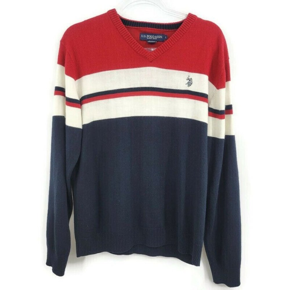 U.S. Polo Assn Men's Size L Red White Navy Blue Tight Knit Crewneck Sweater Logo